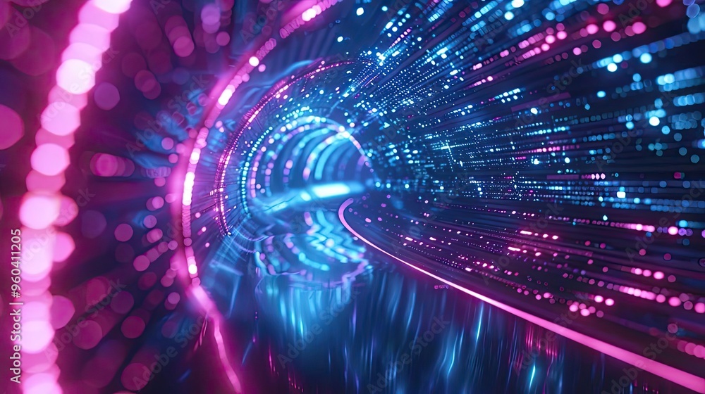 Poster a mesmerizing tunnel of vibrant lights swirling in blue and pink hues, creating a futuristic illusio