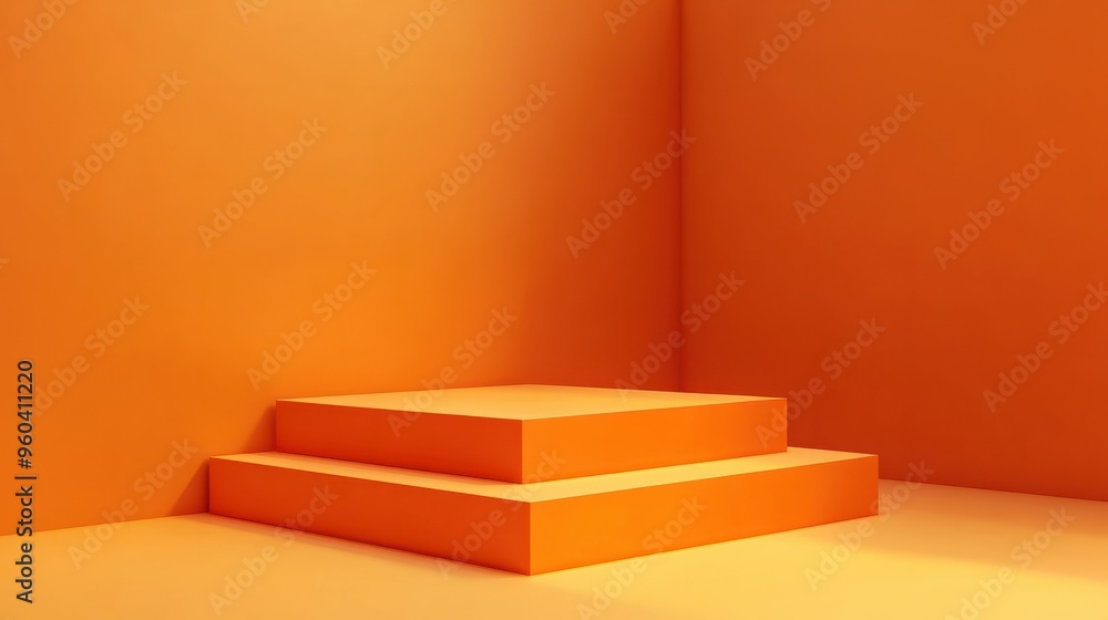 Aufkleber display platform backdrop of empty orange cube podium product stage of geometric stand pedestal scen