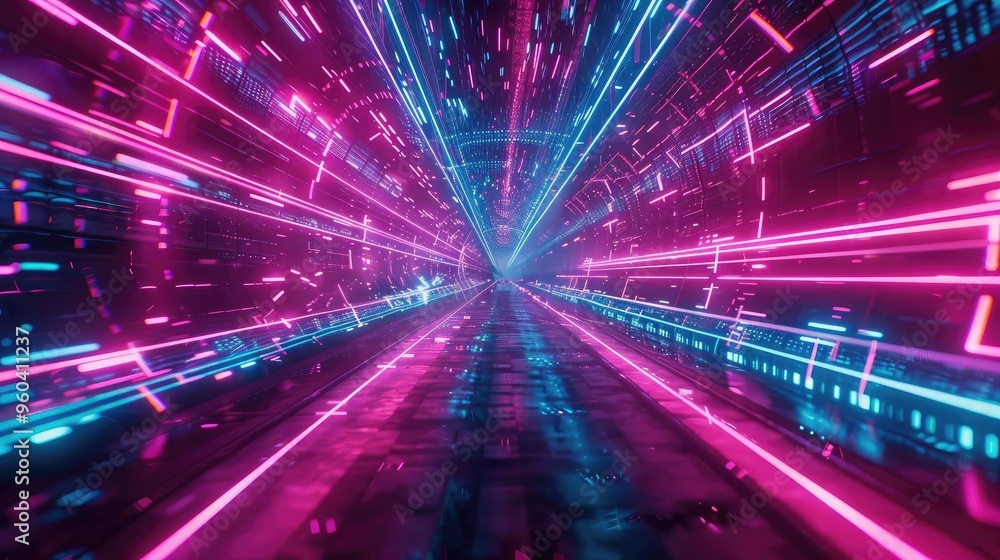 Poster a vibrant tunnel of colorful lights, showcasing a futuristic and dynamic digital landscape with neon