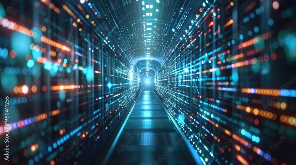 Poster an abstract digital tunnel illuminated with vibrant lights, representing technology and connectivity