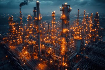 Fototapeta premium aerial view of massive oil refinery complex at twilight intricate network of pipes storage tanks and flare stacks illuminated against darkening sky industrial scale emphasized