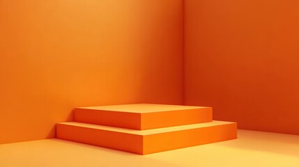 Display platform backdrop of empty orange cube podium product stage of geometric stand pedestal scene studio or blank presentation steps and mockup showcase on advertising backdrop.
