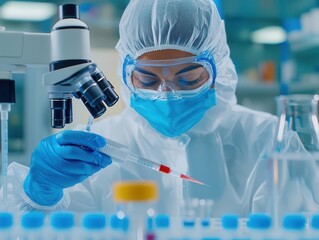 Lab technician in protective gear handling advanced gene-editing tools in a biotechnology lab