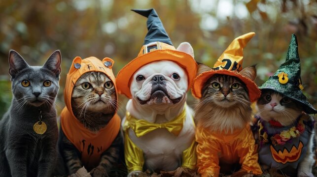 Dogs and cat in halloween cosplay. Generative AI