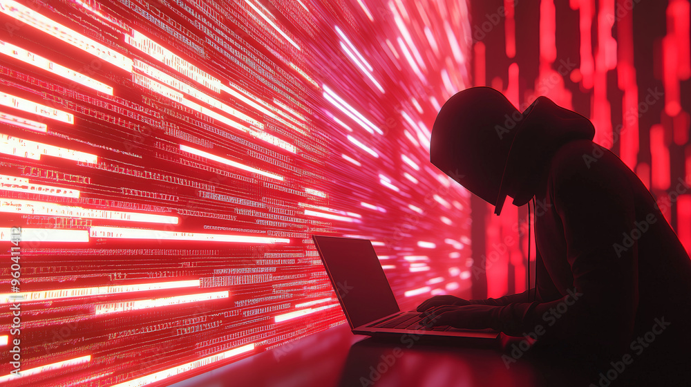 Poster a faceless hacker works intently on laptop, surrounded by vibrant red digital backdrop filled with c