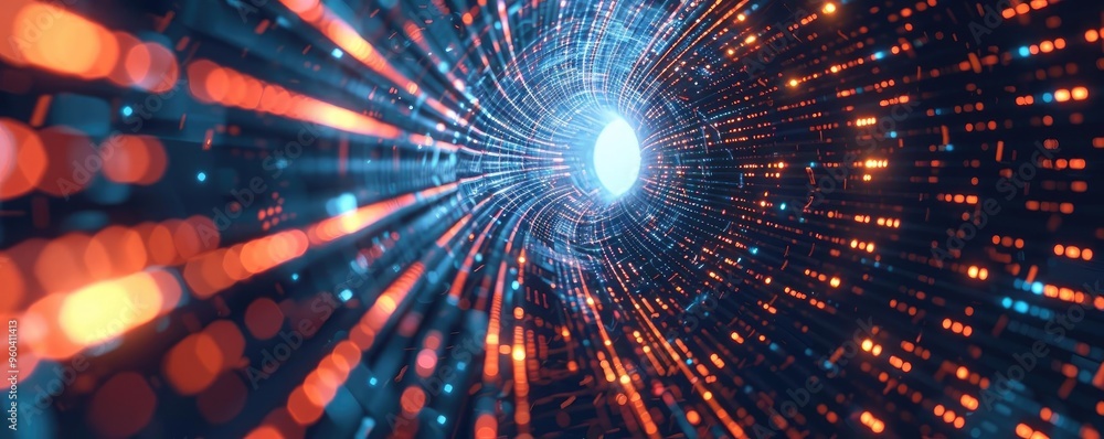 Poster Fascinating tunnel of light with vibrant particles, illustrating a journey through space and time in a digital universe.