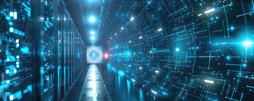 Poster futuristic data center corridor illuminated by blue lights, showcasing advanced technology and digit