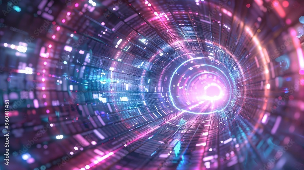 Poster A mesmerizing digital tunnel of vibrant colors and lights, creating a sense of depth and motion in a futuristic setting.