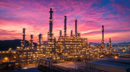 Fototapeta premium A vibrant industrial complex illuminated at dusk, showcasing towering structures and intricate piping against a colorful sky.