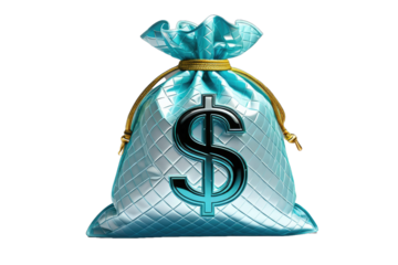 Money bag marked with "$" symbols, isolated, floating gracefully against a transparency background, capturing reflections on the glossy surface, high-resolution