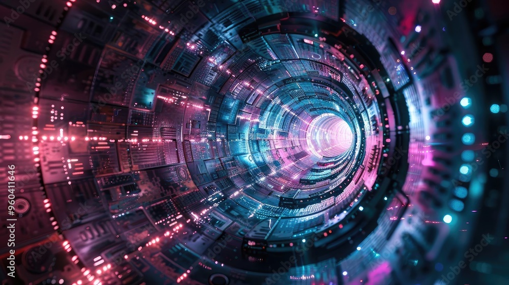 Poster futuristic tunnel with vibrant neon lights and circuits, creating a mesmerizing digital landscape th