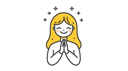 Obraz premium Serene Woman Line Art Icon with Yellow Hair and Starry Aura, Clipart Style Illustration on White Background