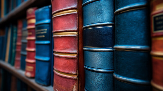 Books in Librery Shelf: Close-Up of Leather-Bound Books on Library Shelf in Blue and Red Shades