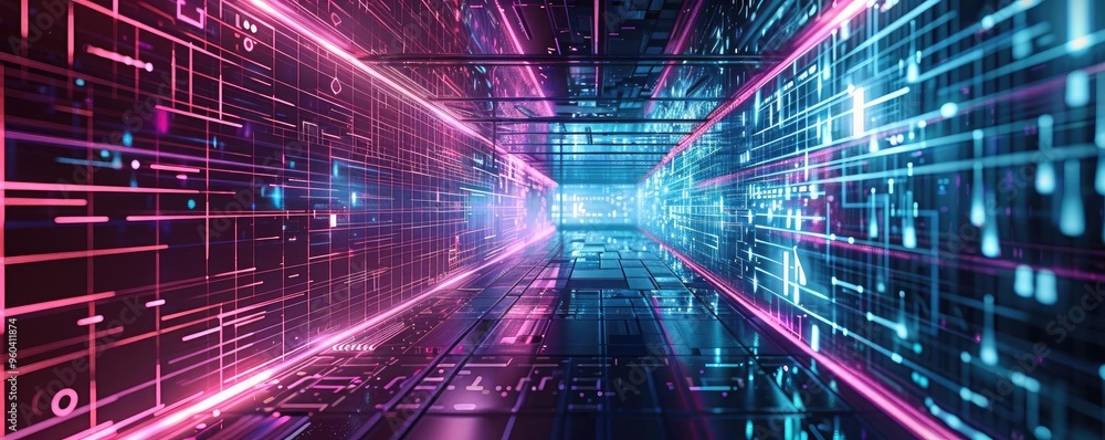Aufkleber A futuristic digital corridor with vibrant neon lights illuminating a network of glowing data streams and abstract patterns.