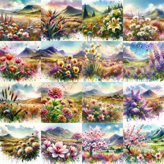 watercolor flowers and mountains drawing style floral background. AI generated illustration