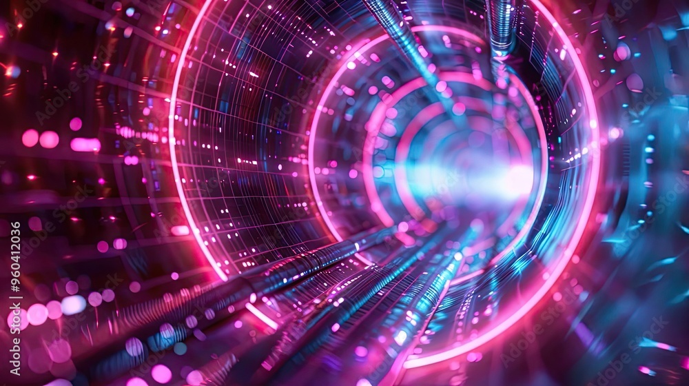 Poster A vibrant digital tunnel with glowing lines and colorful particles, creating a futuristic and dynamic visual experience.