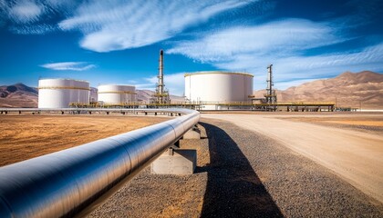 A modern industrial facility with large storage tanks and pipelines under a clear blue sky in a remote landscape.