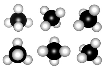 3D methane molecule model in different angle orientation, atoms in ch4 molecule illustration for greenhouse gas, alkane, chemistry, science, education, simulation, environment, carbon neutrality
