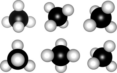 3D methane molecule model in different angle orientation, atoms in ch4 molecule illustration for greenhouse gas, alkane, chemistry, science, education, simulation, environment, carbon footprint
