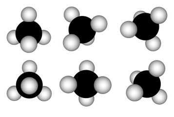 CH4 molecule model in different angle orientation, 3d rendering of methane, greenhouse gas, alkane, chemistry, science, education, simulation, environment, carbon footprint, carbon credit, industry