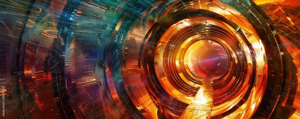 Poster Vibrant digital abstract illustrating a futuristic tunnel with glowing colors and dynamic patterns, perfect for technology themes.