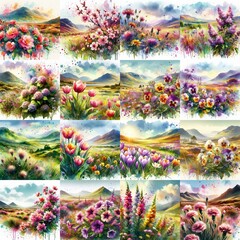 watercolor flowers and mountains drawing style floral background. AI generated illustration