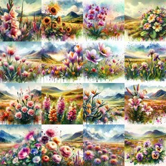 watercolor flowers and mountains drawing style floral background. AI generated illustration