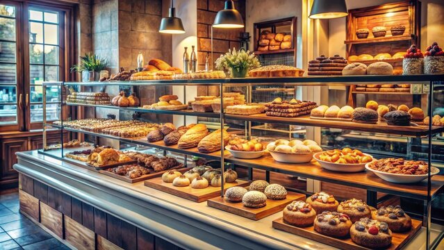 Pastry shop showcasing variety of cakes and pastries with a cozy coffee house vibe in an Italian restaurant setting, with toned picture and copy space