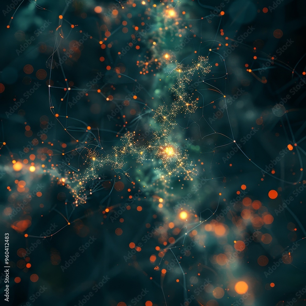 Poster abstract digital art with glowing particles and lines, representing connection and data flow.