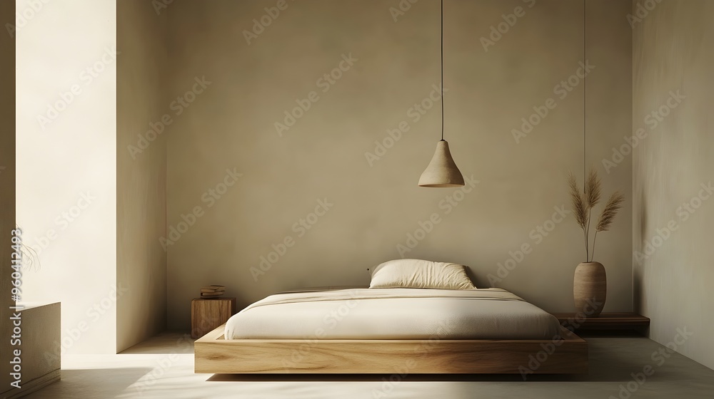 Aufkleber minimalist and serene bedroom design with neutral color palette wooden bed frame and pendant light c
