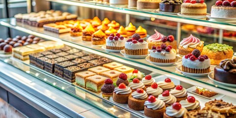 Sellers recording various desserts on display in a bakery