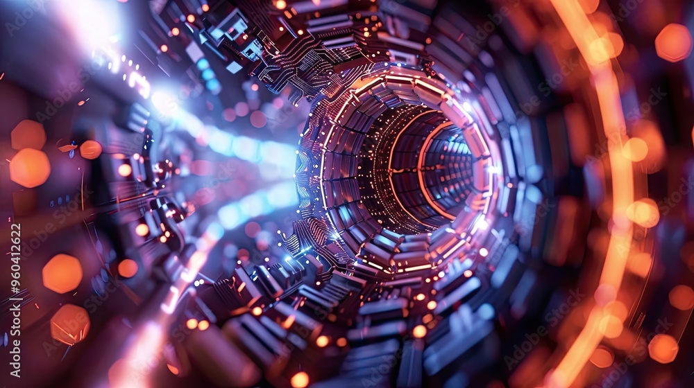 Poster Futuristic tunnel with glowing lights and intricate patterns, showcasing a captivating blend of technology and abstract design.