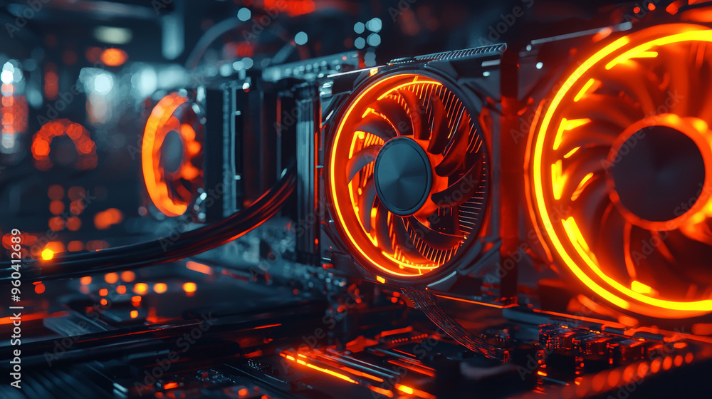 Poster high tech gpu design with glowing red fans and intricate circuitry.