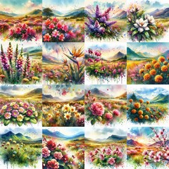 watercolor flowers and mountains drawing style floral background. AI generated illustration