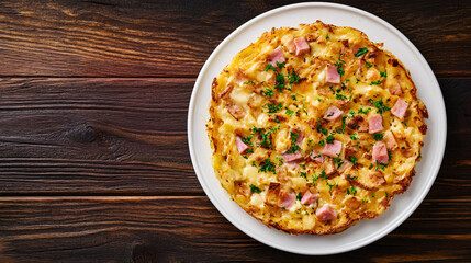 Top view of a white plate with omelette, ham, and cheese, garnished with fresh parsley, on a rustic wooden table