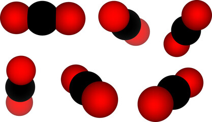 CO2 molecule model in different angle orientation, 3d drawing of carbon dioxide for greenhouse gas, chemistry, science, education, simulation, environment, carbon footprint, quantum chemistry, atoms