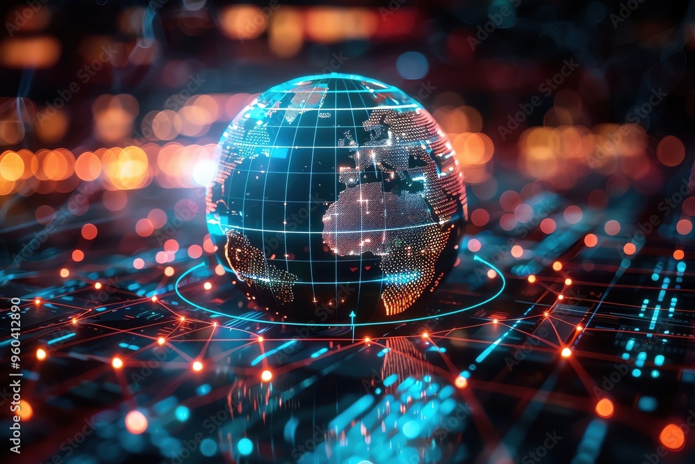 Poster digital globe illustration with glowing network connections representing technology and global commu
