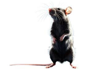 Rat balancing on hind legs gazing upwards, transparent background, silhouette detailing rodent's fur texture, enhanced shadows to emphasize form, natural light, isometric art