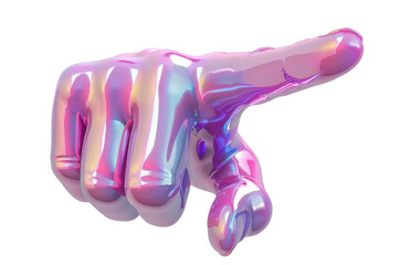 A vibrant, reflective 3D hand pointing right, showcasing a blend of colors and textures, perfect for modern digital designs.
