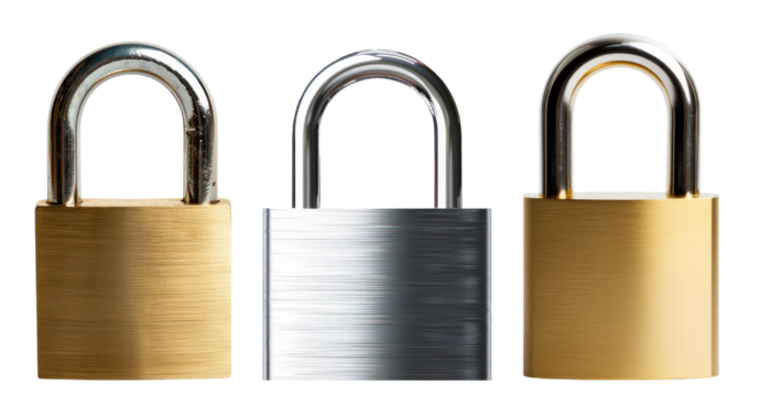 set Lock padlock isolated on transparent background cutout, PNG file. template for artwork design.
