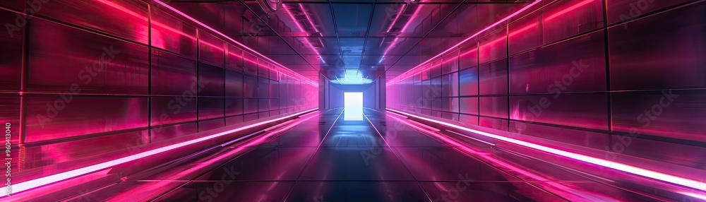 Poster A futuristic hallway illuminated by vibrant neon lights, creating an immersive and dynamic atmosphere.
