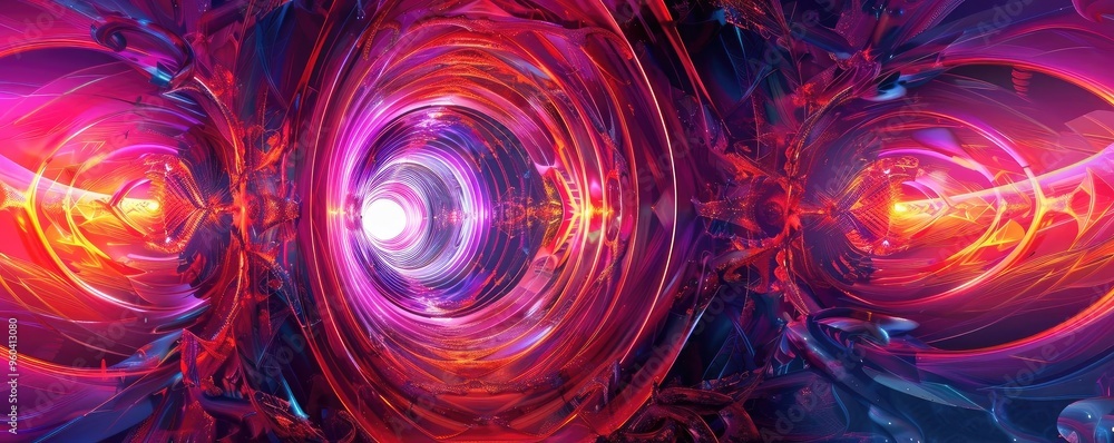 Poster a vibrant abstract design featuring dynamic swirls of pink and purple hues, creating an illusion of 