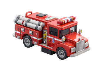 A vibrant red fire truck model, equipped with hoses and lights, ideal for emergency service illustrations and children's education.