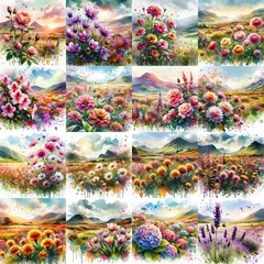 Fototapeta premium watercolor flowers and mountains drawing style floral background. AI generated illustration