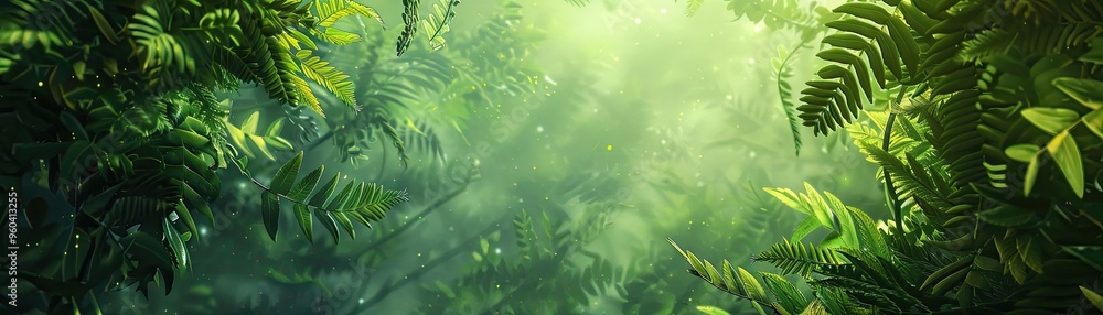 Poster lush green foliage illuminated by soft sunlight creates a serene atmosphere in a vibrant forest sett