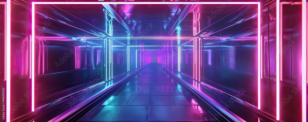 Poster futuristic neon corridor with vibrant pink and blue lights, creating an immersive atmosphere for mod