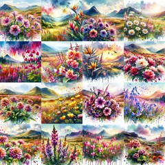 Fototapeta premium watercolor flowers and mountains drawing style floral background. AI generated illustration