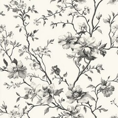 Pattern With Tender Flowers and Thin Branches. Floral Print. Indulge in timeless elegance with exquisite Floral Toile De Jouy Seamless Pattern. Pastel color, pastel tone