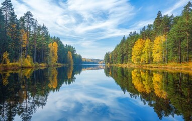A serene lake surrounded by colorful autumn trees under a blue sky, reflecting nature's beauty.