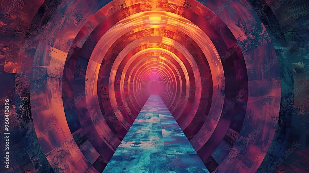 Poster a vibrant digital tunnel with swirling colors, evoking a sense of depth and exploration into the unk